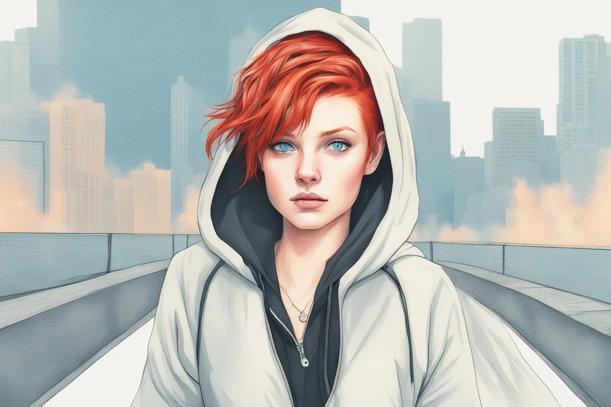 Woman with bright, short red hair, blue eyes, wearing a black hoodie, realistic