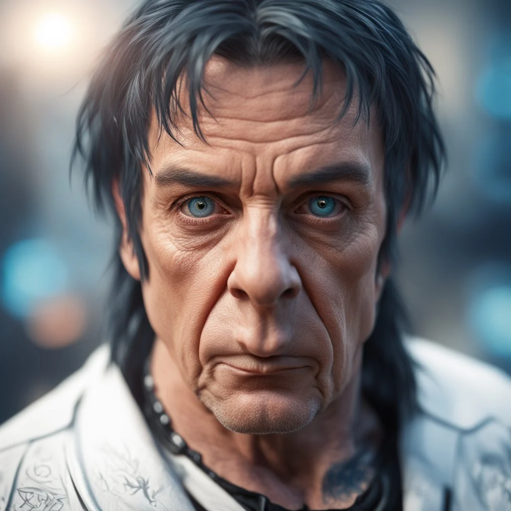 frowning david icke as cyperpunk witch hunter with dark hair, dark blue eyes and black tattoes,bokeh like f/0.8, tilt-shift lens 8k, high detail, smooth render, down-light, unreal engine,bokeh like f/0.8, tilt-shift lens 8k, high detail, smooth render, down-light, unreal engine