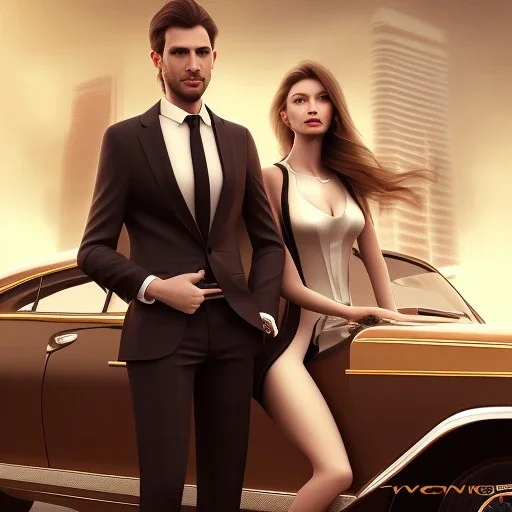 man wearing a suit next to a beautiful woman with brown hair, sitting in a taxi, dramatic, dramatic lighting, volumetric lighting, hyperrealism, 8k, high quality, photorealistic, lot of details