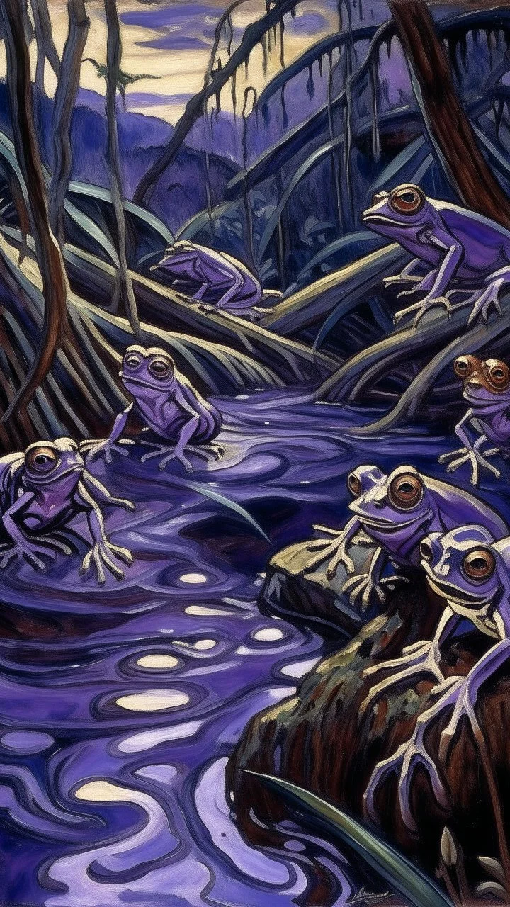 A purple rainforest filled with venomous frogs painted by Edvard Munch