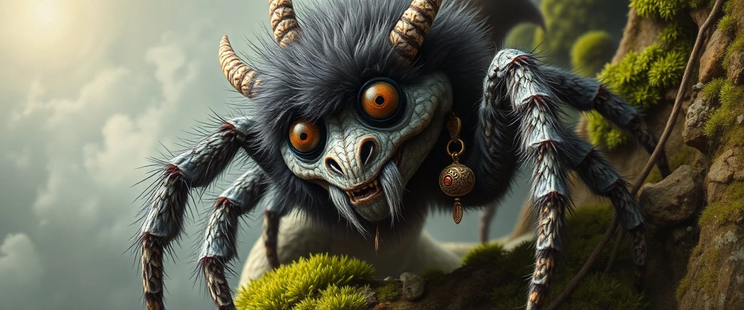 the weird face of a fluffy dragon spider yoga freak with ear ring with charm in web from mossy tower, master oil painting by Rembrandt and Escher, moss covered space station, brightened edges to give a sense of depth