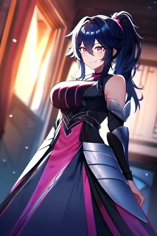 girl, masterpiece, best quality, cinematic lighting, detailed outfit, vibrant colors, perfect eyes, long hair, dark blue hair, pink eyes, ponytail, messy hair, hair between eyes, indoors, depth of field, ray tracing, armored dress, angry, smile,