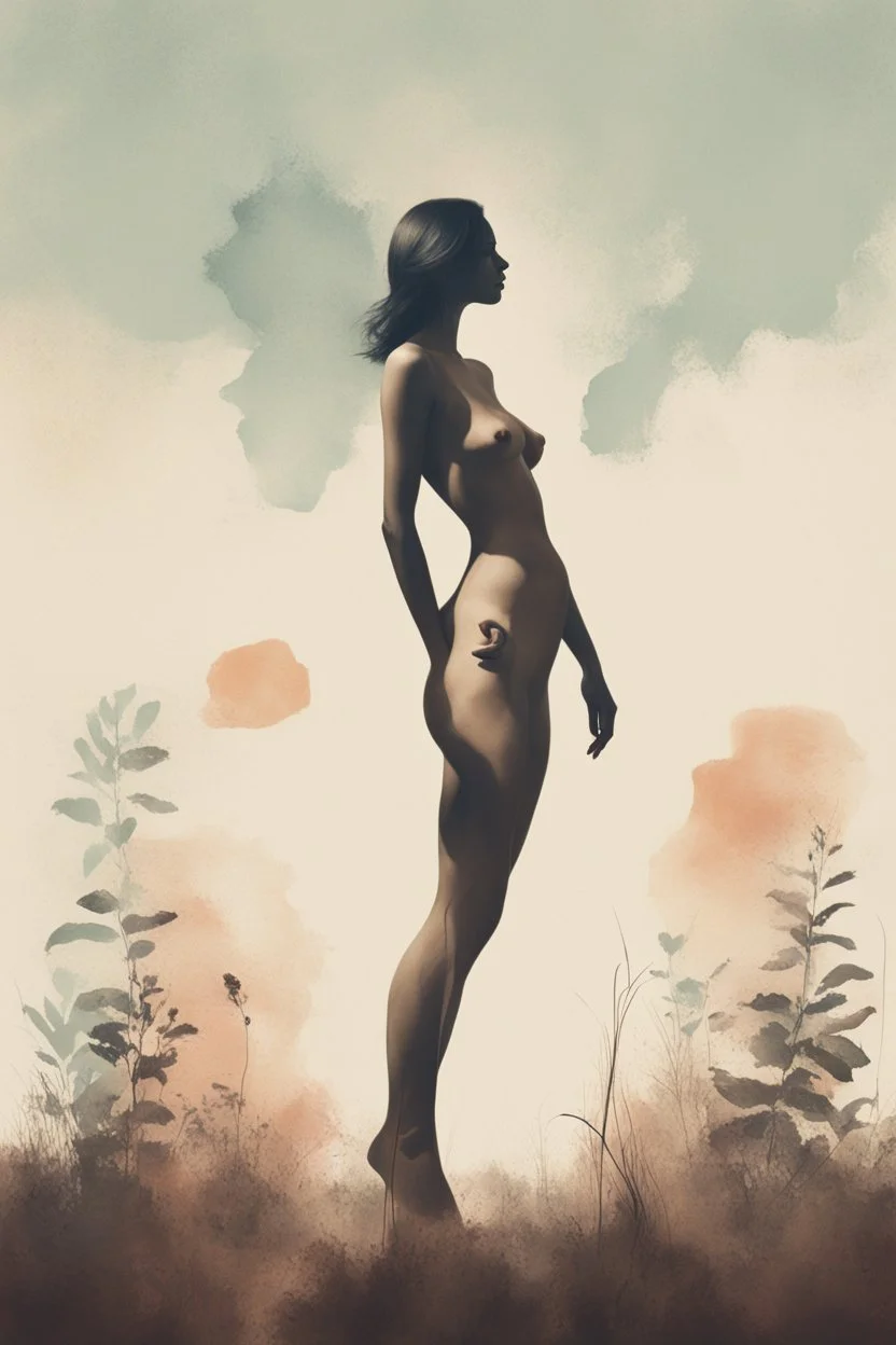 A minimalist, with a vintage twist, featuring a sleek and stylized unclad woman body silhouette against a faded, women body is painting about nature, awosome, bright.