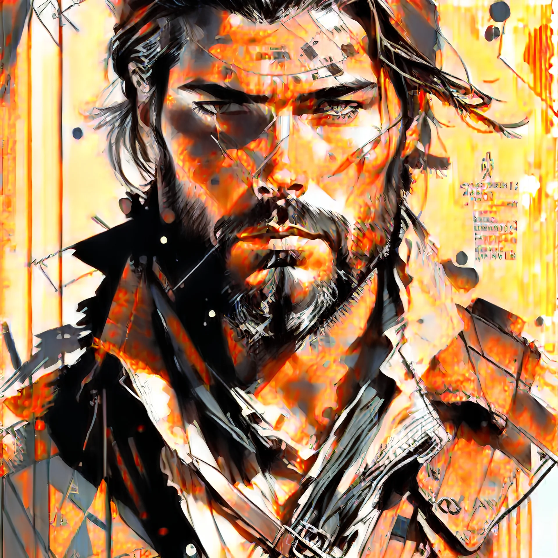 This tough handsome man is a real treasure hunter, adventurous and handsome, he carries a treasure map and suitcase.,In the background is a beautiful compass to show him the way, vertical lines and squares, Style of Ashley Wood, Daniel Gerhart, Thomas Saliot Modifiers: intricate portrait beautiful high detail close up painterly cartoonisch