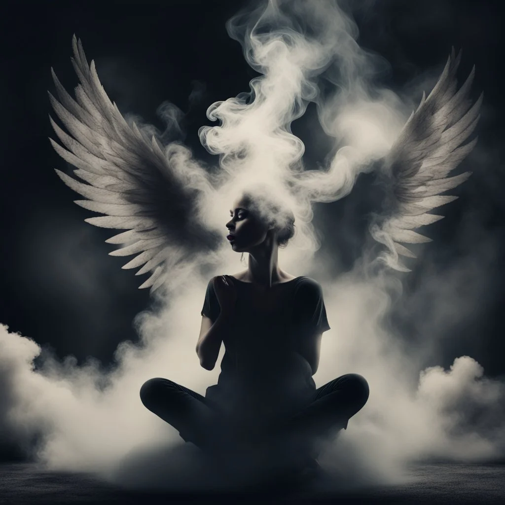 woman sitting forward Her face upward and blows cigarette smoke from their mouth upward. a figure with wings emerging from its back. behind the clouds of smoke look death. dark and mysterious