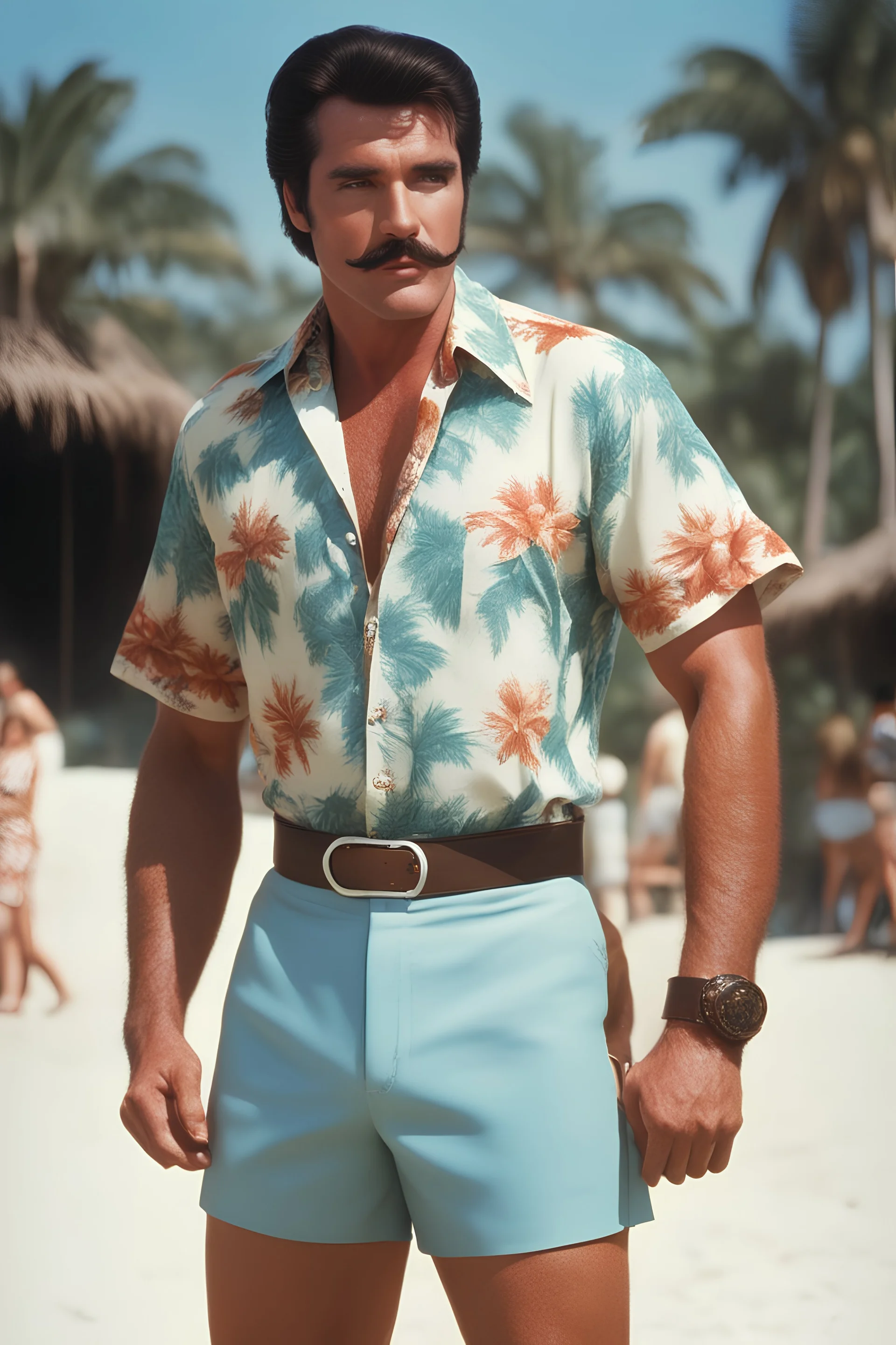 Elvis Presley/Lee Majors/George Reeves with medium length bob-styled brown hair, a mustache, wearing a Hawaiian shirt and Bermuda shorts- well-lit, UHD, 1080p, professional quality, 35mm photograph by Scott Kendall