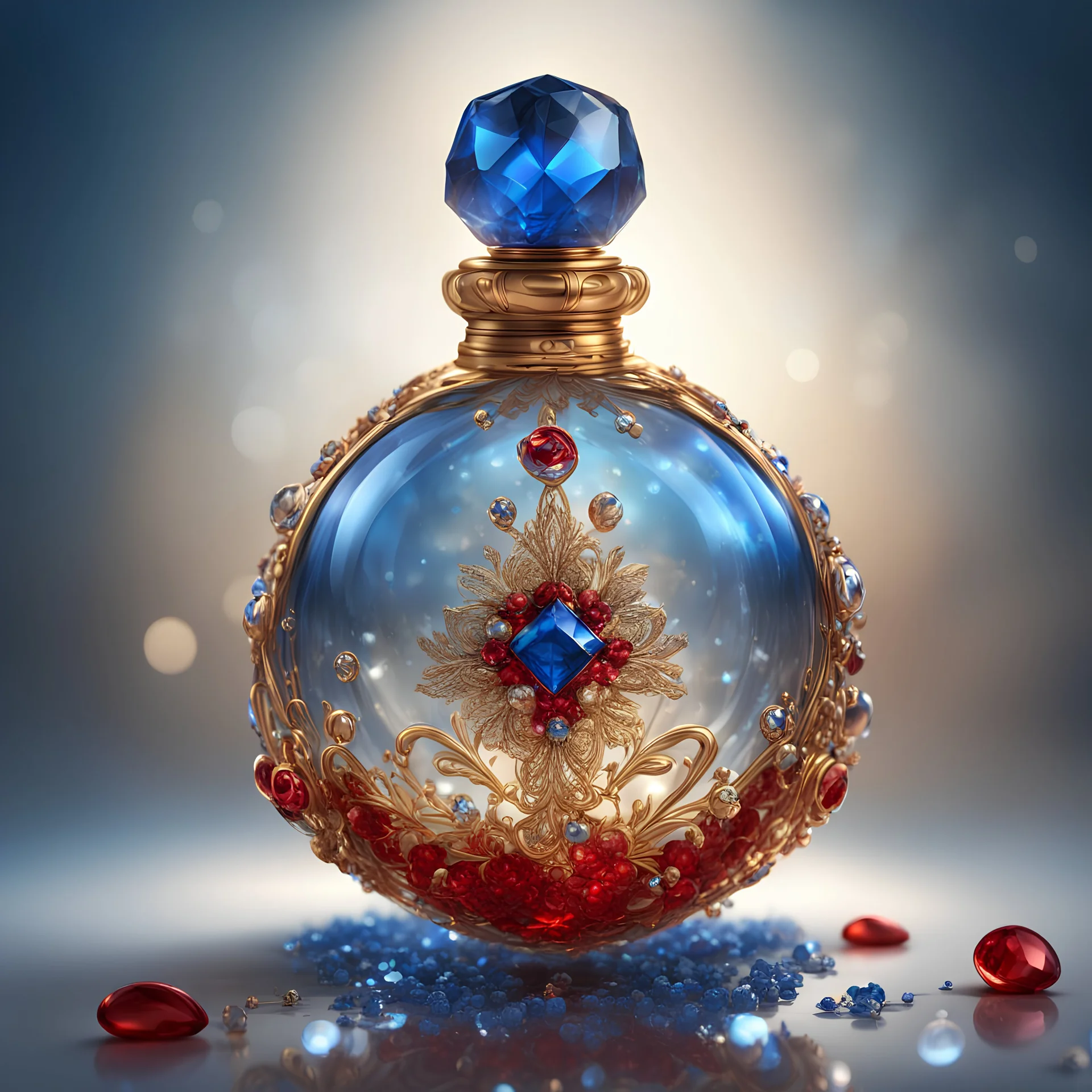 Golden round perfume bottle with a blue crystal cap and small red decorations. Illustrative art, art interpretation, concept art, cgsociety contest winner, seasonal art, seasonal art HD, 4k, 8k, intricate, detailed, intricately detailed, luminous, translucent fantasy crystal, holographic data, soft body, shadow play, light, fog, atmospheric, cinematic, light film, hyper-detailed, hyper-realistic, masterpiece, atmospheric, high resolution, 8k, HDR, 500px, mysterious and artistic digital art, phot