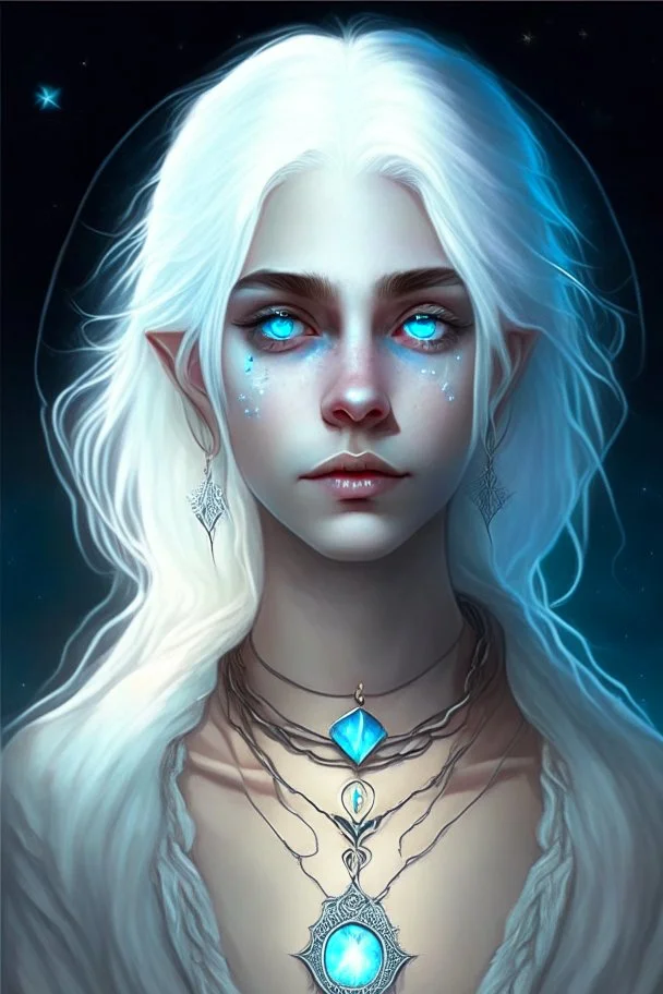 hauntingly beautiful character for dnd, young woman with white hair and blue eyes, angel, with moon necklace