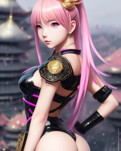 Detailed cute anime Kunoichi girl, pink hair buns, pink bangs, black latex bodysuit, intricate details, full body portrait, keep head in frame, slight smile, black Japanese motif, concept art, highly detailed, digital painting, concept art, sharp focus, illustration, art by Yoji Shinkawa, WLOP and greg rutkowski and alphonse mucha and artgerm and yanjun Chen and Junji ito and Makoto Shinkai, HDR, octane render