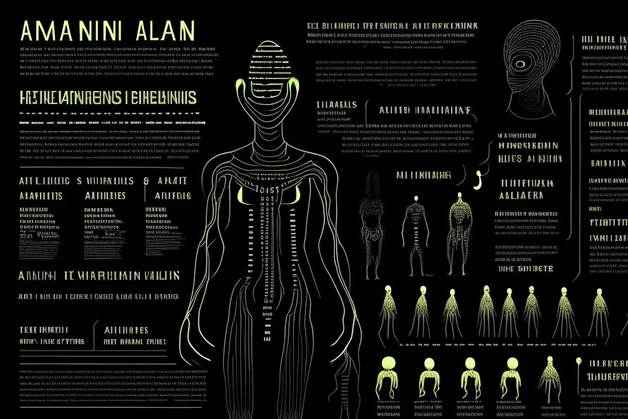 infographic made by aliens about humans beings, black background, strang gliphs, few text, big text