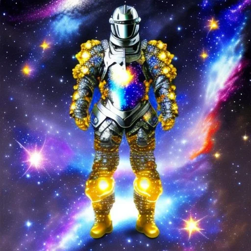 A battle suit made of galaxies and stars with a glove that has seven endless stones Battle armor from the extract of galaxies Battle armor from the extract of galaxies with a fiery sword