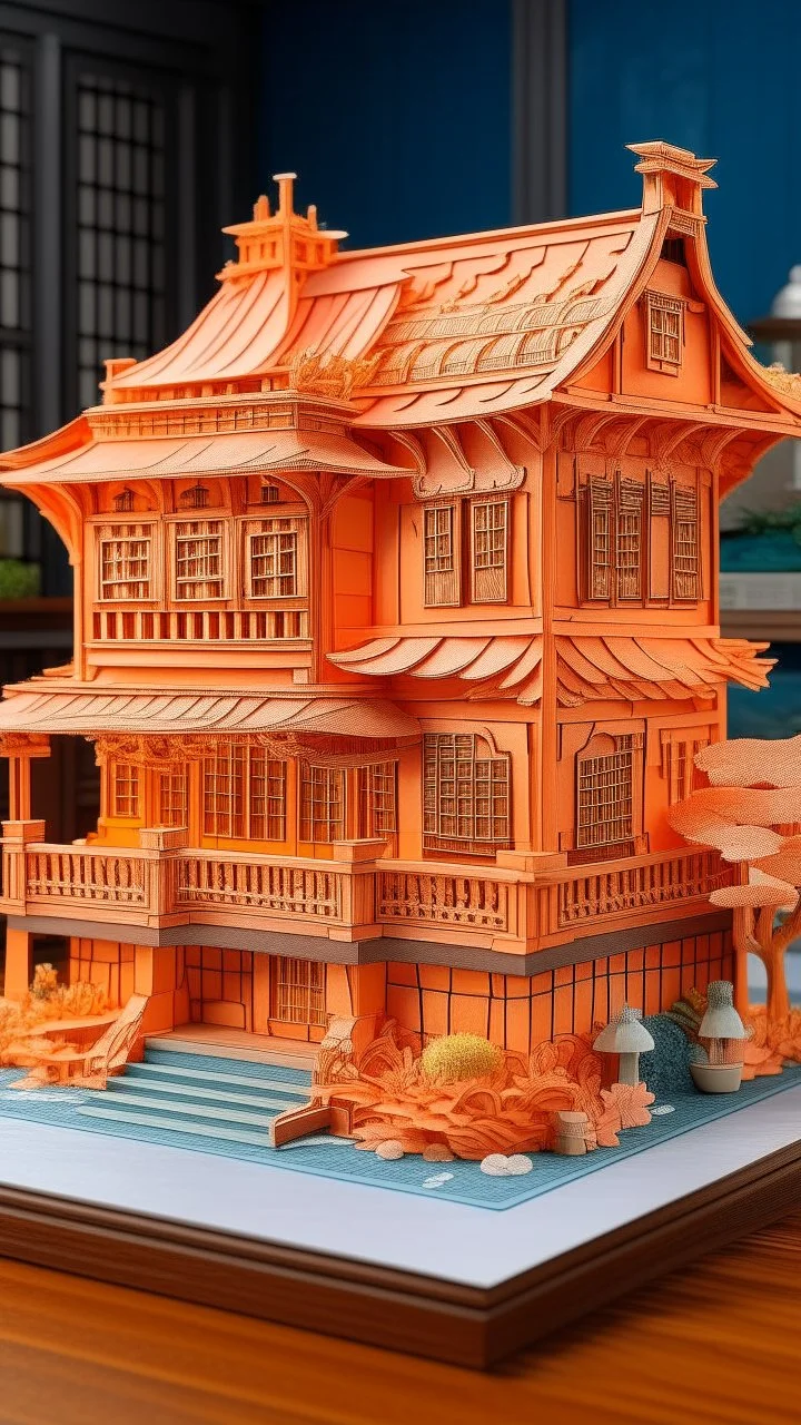 A light rosy orange colored house made out of cheese designed in Chinese paper art painted by Zhang Lu