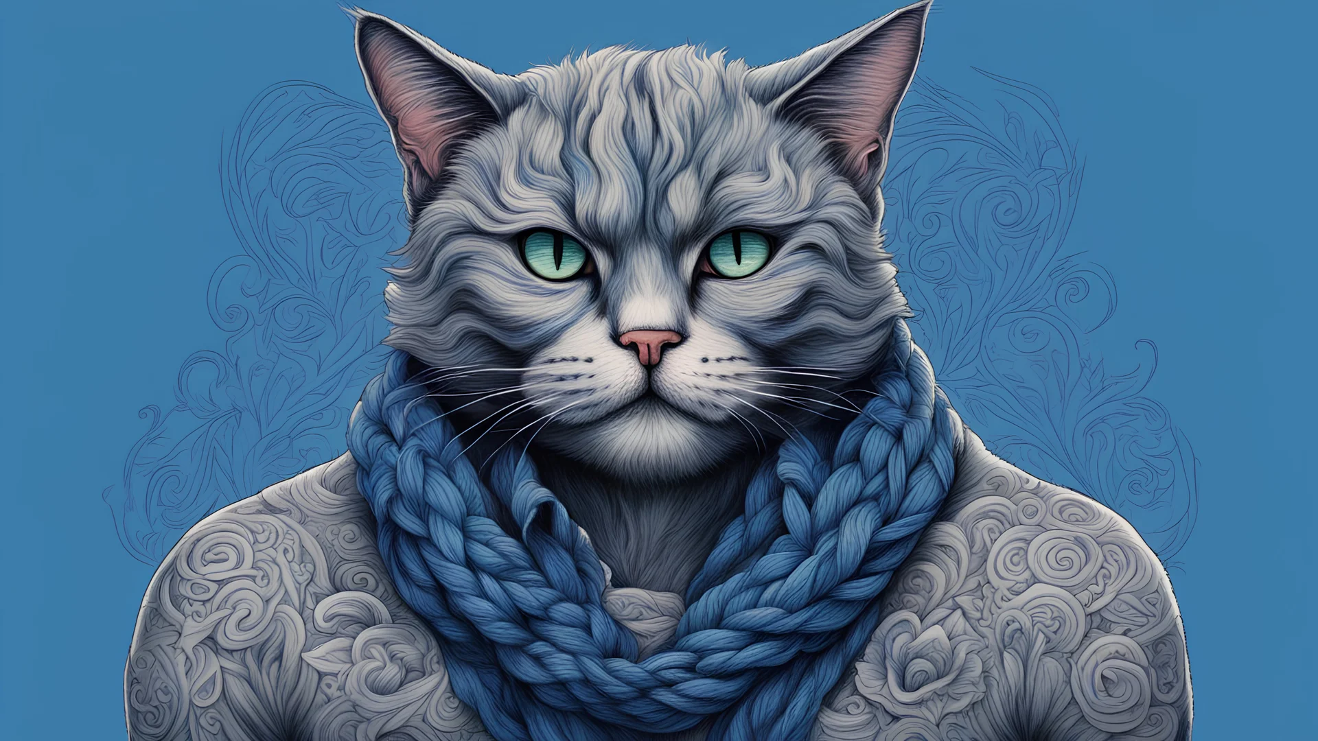 blue background, cat man, wool, fine drawing, high detail, 8K, man, tattoos, wool,