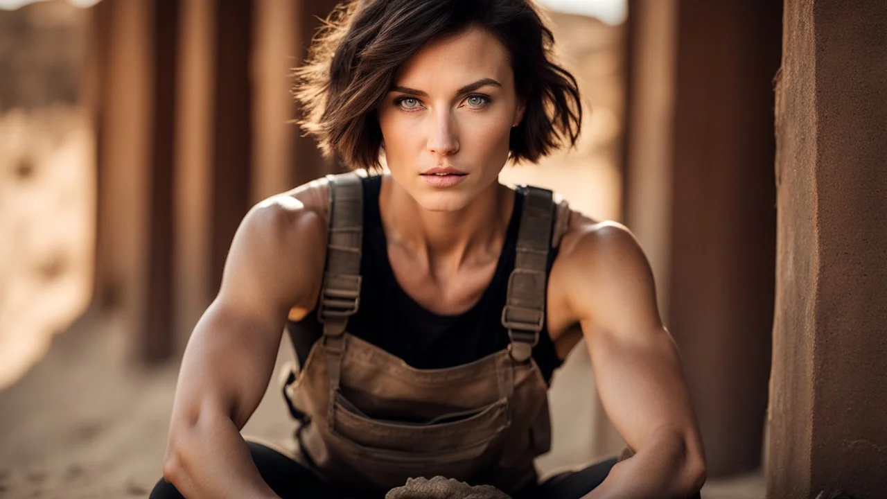 beautiful caucasian female technician, black tank top, well toned muscles, weathered face, scratched sand camo metal details, short brunette wavy bob haircut, dystopian, desert scene, pulling a knife