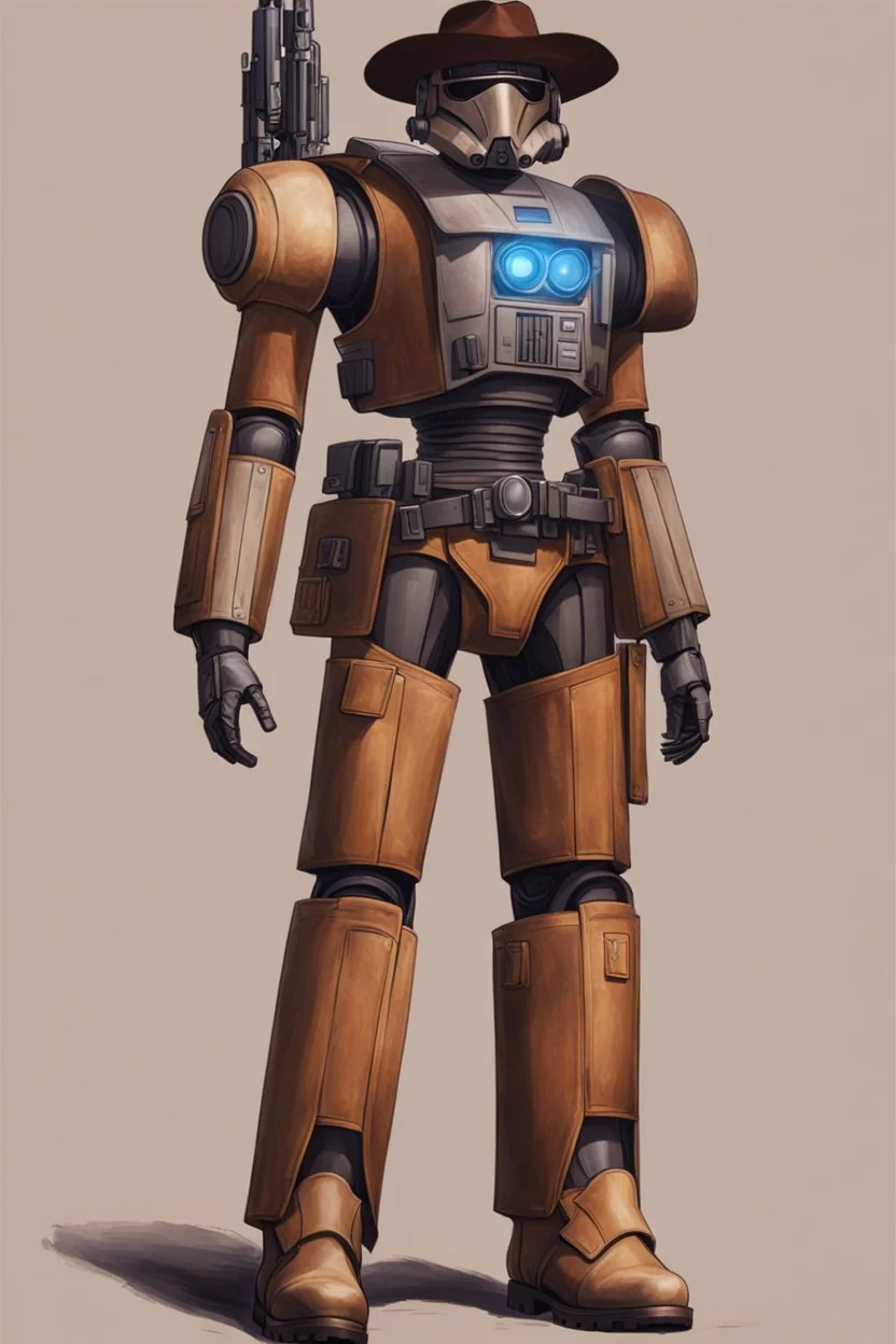 A Star Wars Combat Droid, Wearing Western Cowboy Clothes, Armour looks like Halo, Wearing a cowboy hat and a Cowboy Over-Coat. HD, Details, Smooth