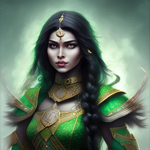 fantasy setting, indian woman, dark skin, green and black wavy hair, magician