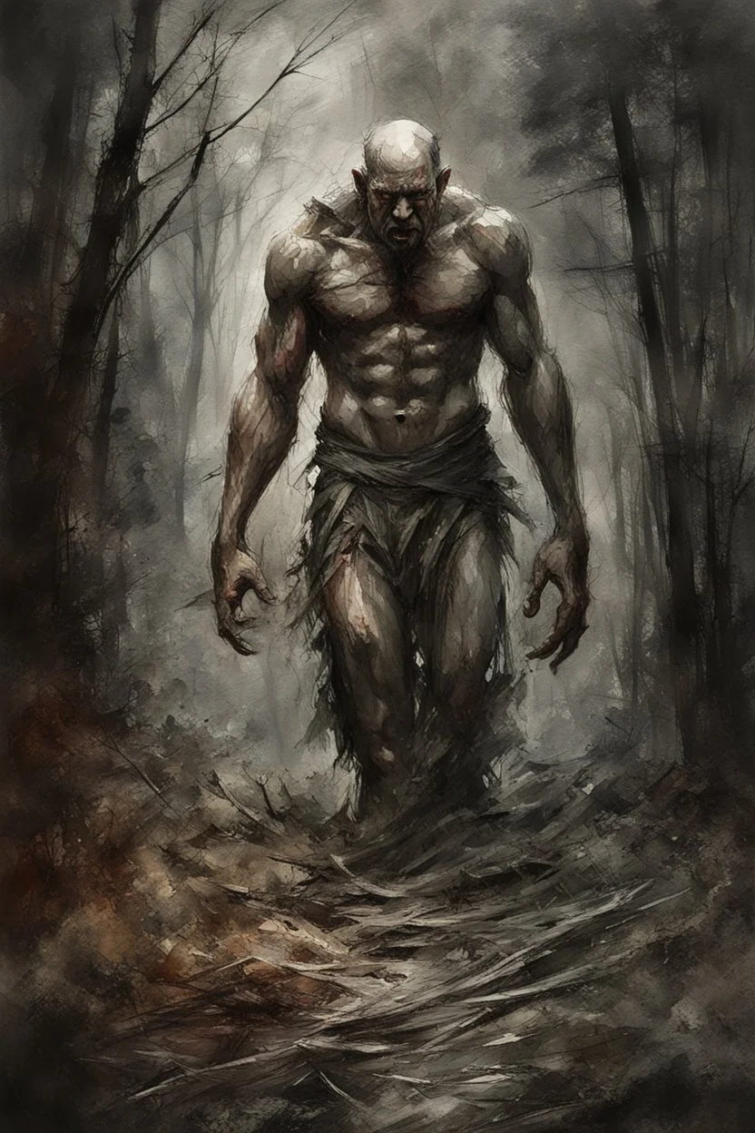 a stupid and crazy stone giant walks through the forest and breaks, vivid emotions, watercolor, photorealism, dark fantasy, bad weather, gloomy day, dark world, sketch art, fine lines, grunge, sensual, darkness, by Raymond Swanland & Alyssa Monks & Anna Razumovskaya