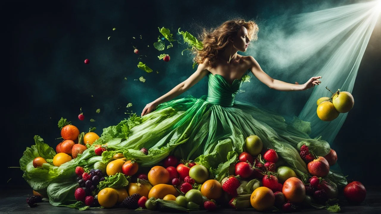 Dramatic dynamic photo of fruit woman in salad dress, Igor Morsky inspired photo in style of Sophie Delaporte, beautiful fairy model, textured, volumetric lighting, vibrant colors, exciting