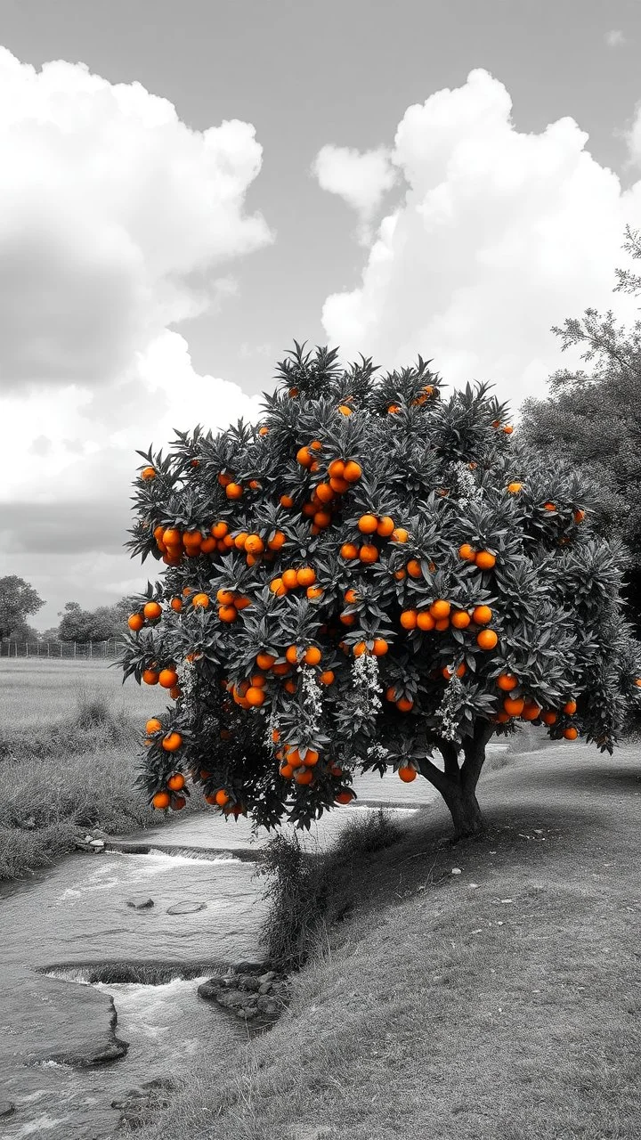All black and white picture scene of an orange tree by the river stream with clouds above , only the oranges are colored with orange