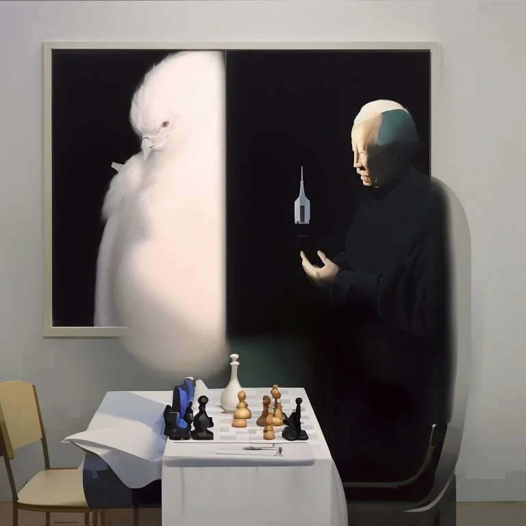 Putin, President Xi Of China And Joe Biden Play Chess With A Pigeon,Ufo And Atomic Bomb Mushroom Cloud,Complex Surgical Instruments Intermixed With A Newborn Boy,Minimalism,Painting By Adrian Ghenie,Rene Magritte,Pablo Picasso,Michelangelo,Salvador Dali,Lucian Freud