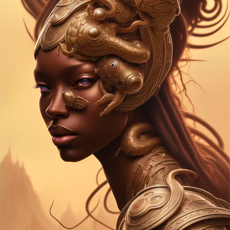 sango fantasy, fantasy magic, intricate, sharp focus, illustration, highly detailed, digital painting, concept art, matte, art germ and Boris Vallejo and kehinde wiley, masterpiece snake head long leg African afro hair sexy body brown pretty lips