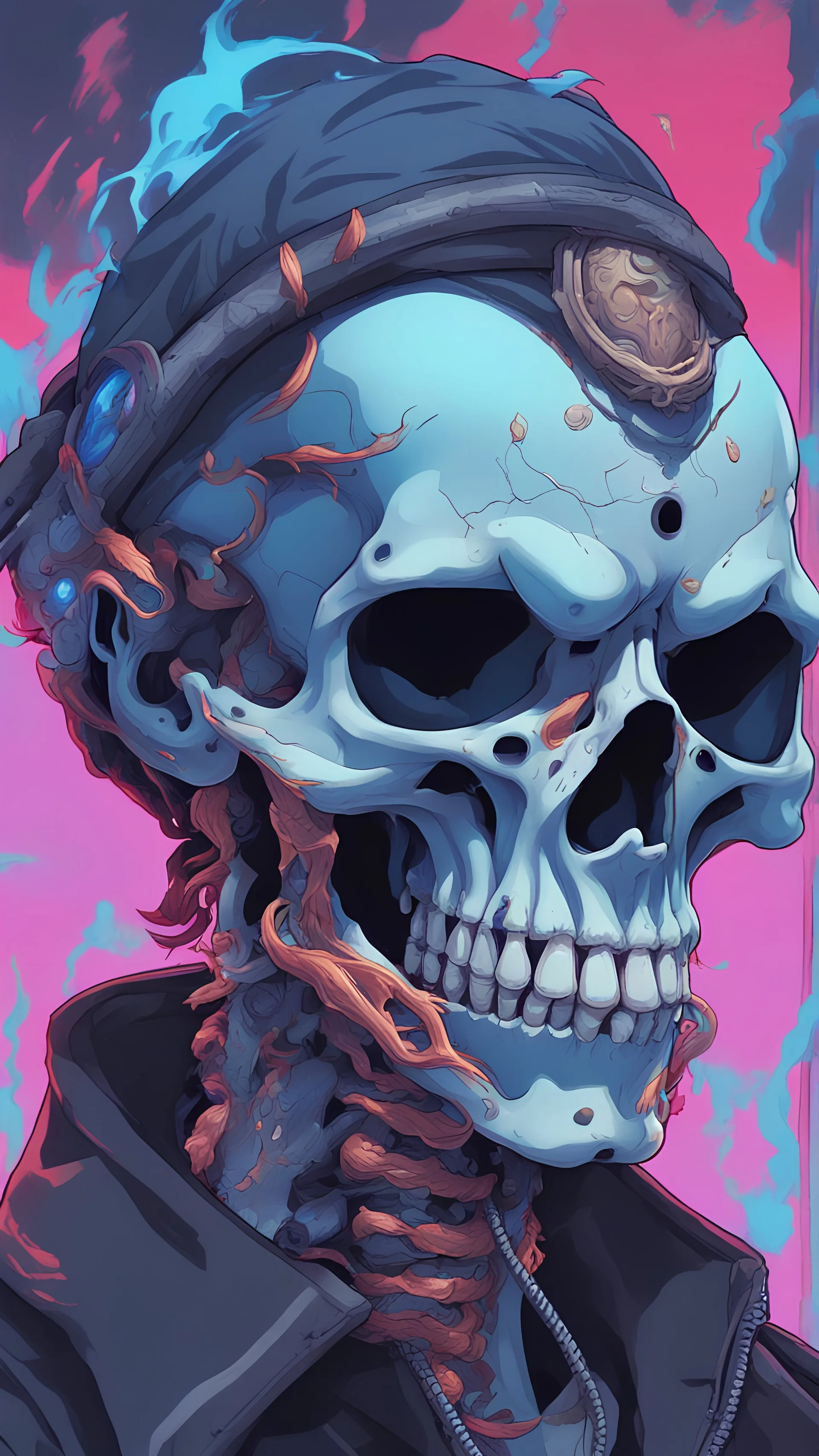 a close up of a person with a skull on their head, blue and black colors, anime skull portrait man, scary detailed art in color, hiroyuki-mitsume takahashi, nychos art aesthetic, half man half skeleton, anime cyberpunk art, colored manga art, rossdraws pastel vibrant, hot colors. insanely detailed, beautiful anime portrait, stunning anime face portrait, scary art in color