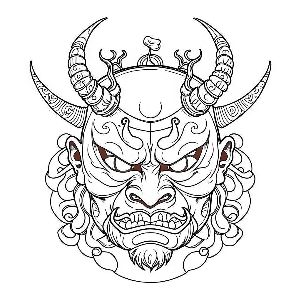 White, minimalis line art , oni mask japanes , vector, white background, outline, with images neatly contained within the background, just black and white color,