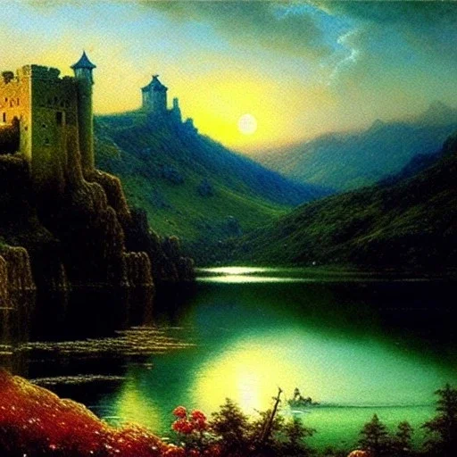 Drawing of 'Medieval Romanian Castle',mountain,lake,full moon, by gaston bussiere, greg rutkowski, yoji shinkawa, yoshitaka amano, tsutomu nihei, donato giancola, tim hildebrandt, oil on canvas, cinematic composition, extreme detail,fit full head inside picture,16k