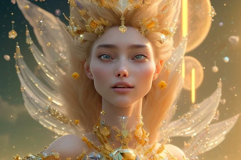 very beautiful crystal and gold goddess in a galactic ambiance, nice smiling, transparent petals, delicate colors, full of details, smooth, bright sunshine，soft light atmosphere, light effect，vaporwave colorful, concept art, smooth, extremely sharp detail, finely tuned detail, ultra high definition, 8 k, unreal engine 5, ultra sharp focus