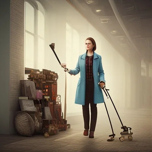 Woman standing with crutch, coat, toy shop background