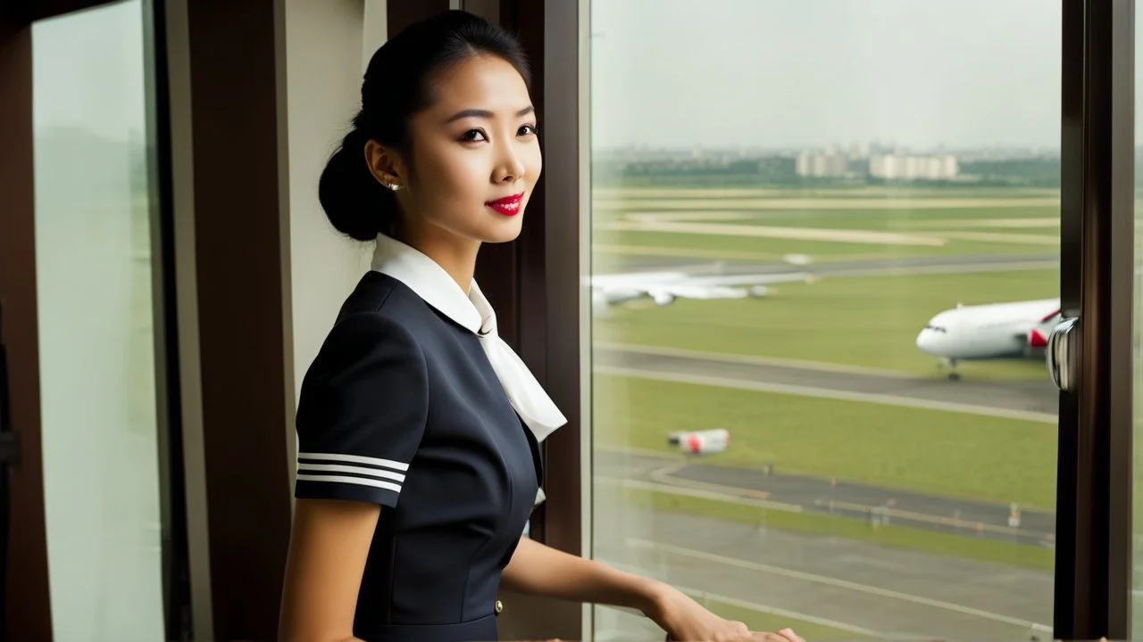 A very pretty Asian model in an air hostess uniform looking out of the window