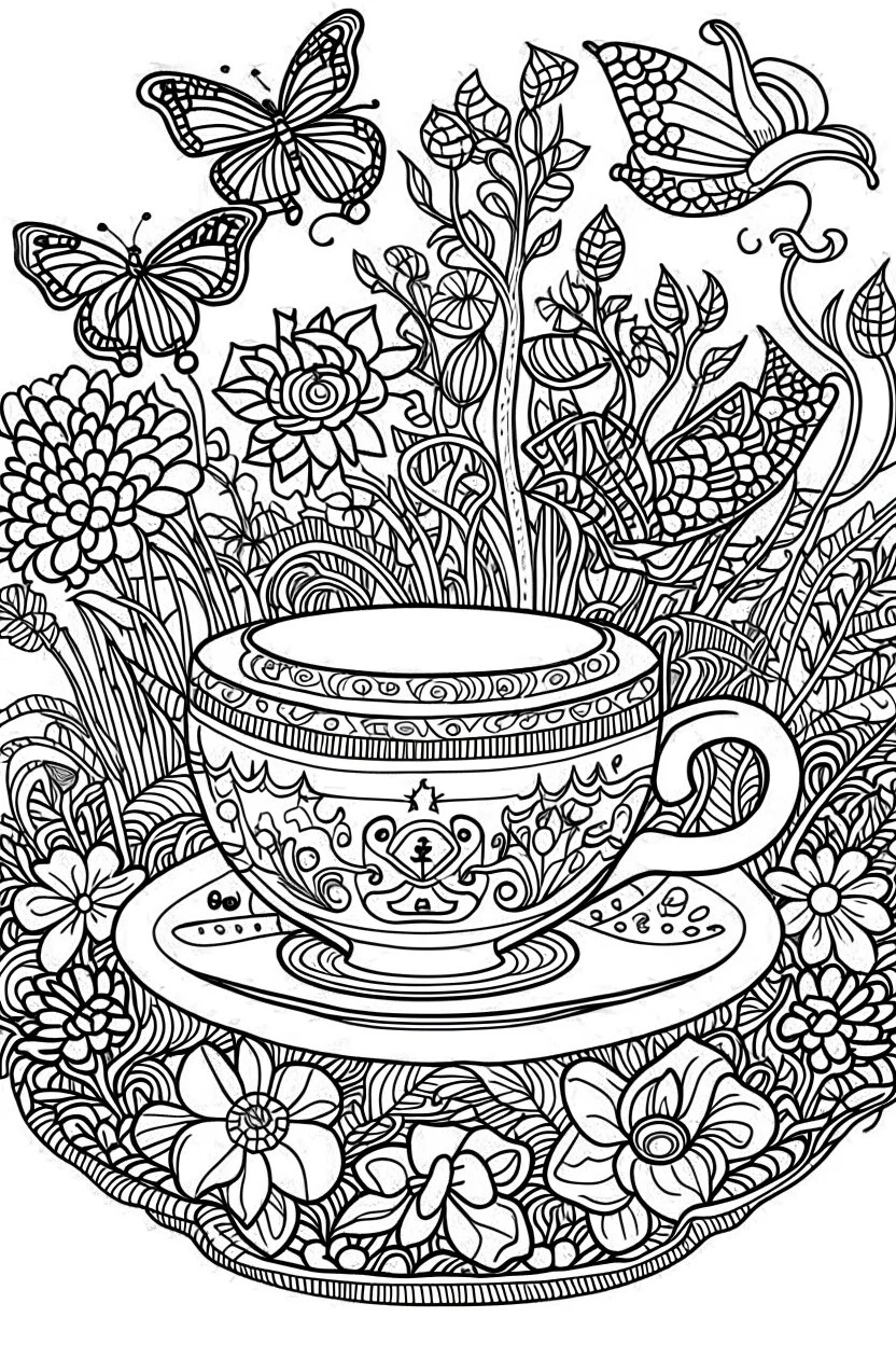Outline art for coloring page, AVANT GARDE DRAWING TEACUP SET IN A GARDEN, coloring page, white background, Sketch style, only use outline, clean line art, white background, no shadows, no shading, no color, clear