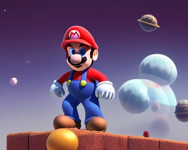 super mario in spacesuit with planets in background