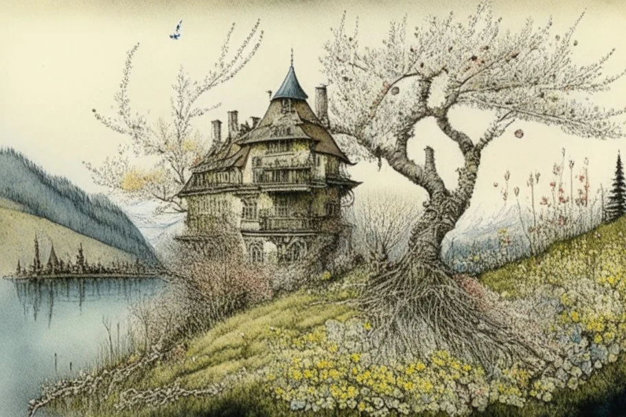 Spring in Switzerland elegant extremely detailed fantasy intricate 8k very attractive beautiful high definition crisp quality colourful Jean-Baptiste Monge bernard buffet