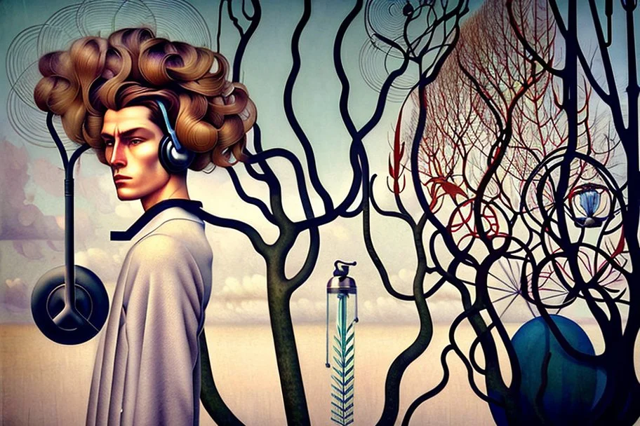 Streamline moderne man with headphone windblown hair trees leaves carel weight Oxana dobrovolska catrin welz-stein andrea kowch andrea kurti art deco surrealism