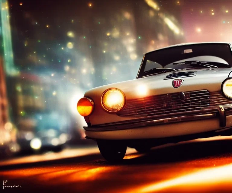 fiat 125p, city. high speed. bokeh. lens flare. warm lights. high detailed. oil on canvas