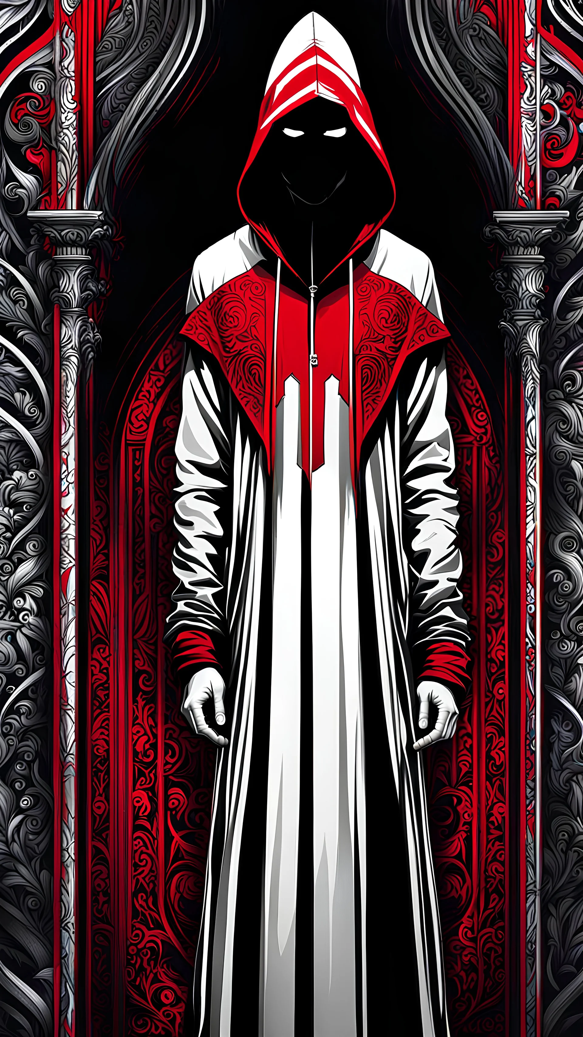 Encapuchado hombre gótico colores negro blanco y rojo calidad ultra maximalista arte lineal full body