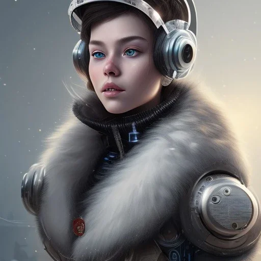 Cyberpunk Portrait of cyborg cat child with brown hair and with cute face, north pole snowy vibe , perfect composition, hyperrealistic, super detailed, 8k, high quality, trending art, trending on artstation, sharp focus, studio photo, intricate details, highly detailed, by greg rutkowski