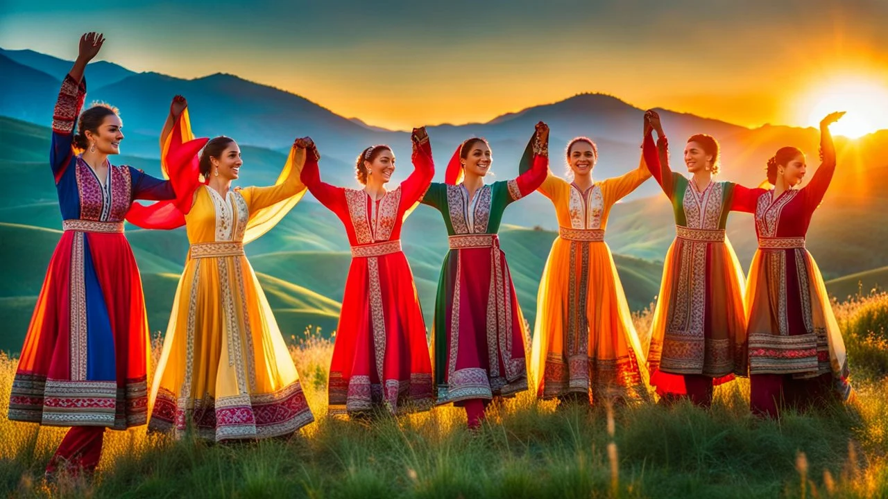 xAI: Create a vibrant image of traditional Azerbaijani Yalli circle dance with 12 dancers in colorful regional costumes forming perfect circle in mountain meadow at golden hour. Dancers holding hands at shoulder level, flowing dresses, synchronized side steps, warm sunset lighting with long shadows, Caucasian mountains backdrop, cultural authenticity, detailed embroidery on costumes, joyful community atmosphere, 8K professional photography --ar 16:9
