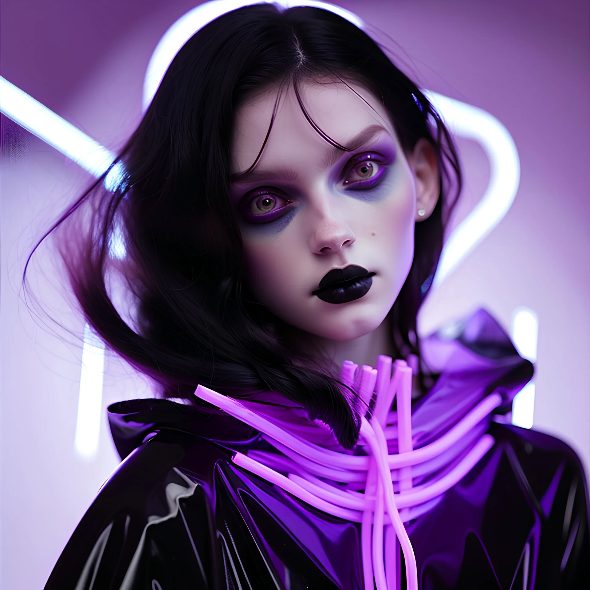 painting by koson ohara and marta bevacqua, portrait of a beautiful goth woman with long black hair, wearing a plastic raincoat, purple neon lighting, 8k, high quality, highly detailed