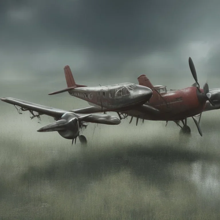 airplane abandoned between moutain, swamp, water, glass, fog, highly realistic, highly detailed, intricate