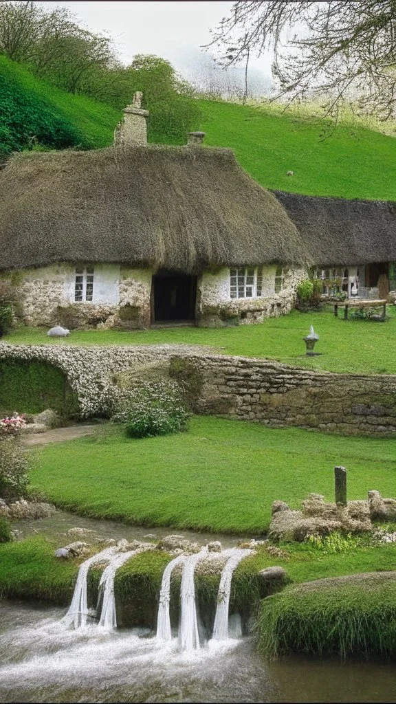 Village green with small thatched roofed cottages with waterfall and rocks