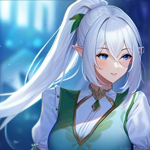 Clear focus, 8k, beautiful lighting, vibrant colors, Elf, White hair, ponytail, hair in between the eyes, up close,