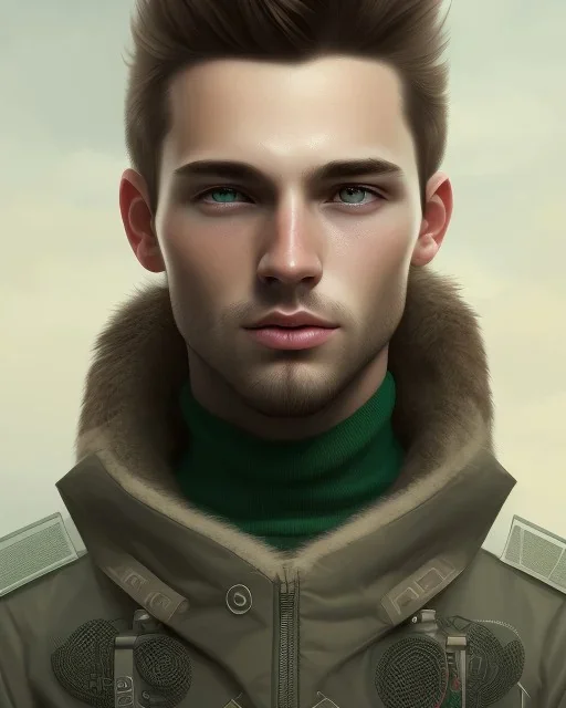 boy, cute, young, brown hair, green eyes, medium hair, close up, head and shoulders portrait, head and shoulders portrait, 8k resolution concept art portrait by Greg Rutkowski