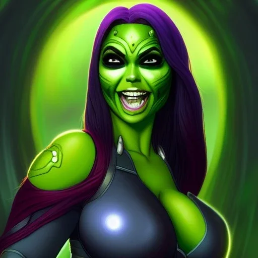 ultra detailed fullbody portrait of busty beautiful Gamora, extremely detailed digital painting, intrincate, extremely detailed smiling face,crystal clear Big Green eyes, in the style of Ohrai Noriyoshi and robert e howard and pablo oliveira and Ken Kelley and Keith Parkinson,mystical colors,perfectly centered image, perfect composition, rim light, beautiful lighting,8k, stunning scene, raytracing