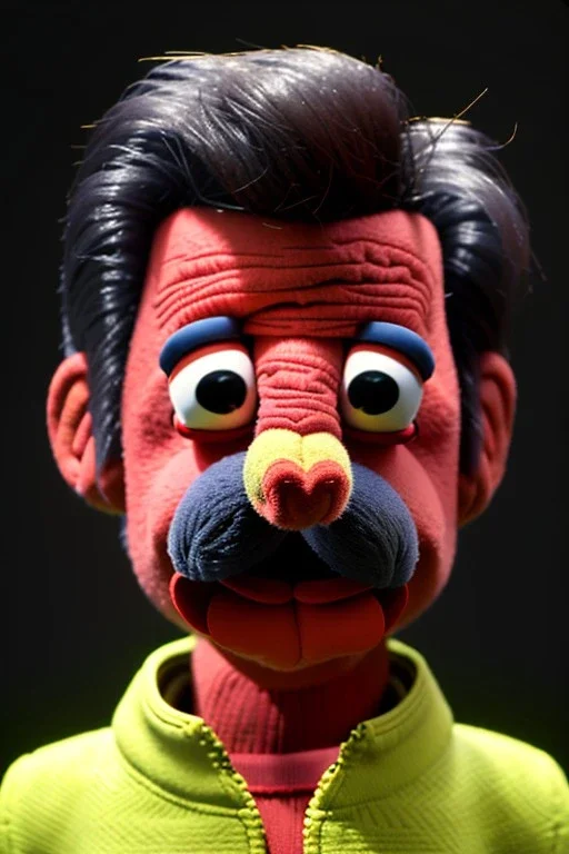 Waist up muppet Portrait, Nicolas maduro us muppet doll, black hair, Venezuelan president, red and yellow tracksuit, mustache, photo studio, background, unreal engine 5, concept art, art station, ray tracing, lumen lighting, ultra detail, volumetric lighting, 3d.