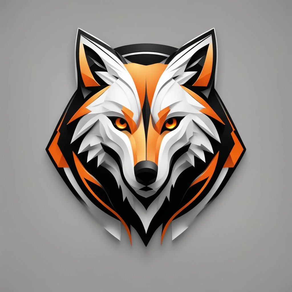 Front logo. 3D. Black, orange and white palette wolf in artistic style, minimalist