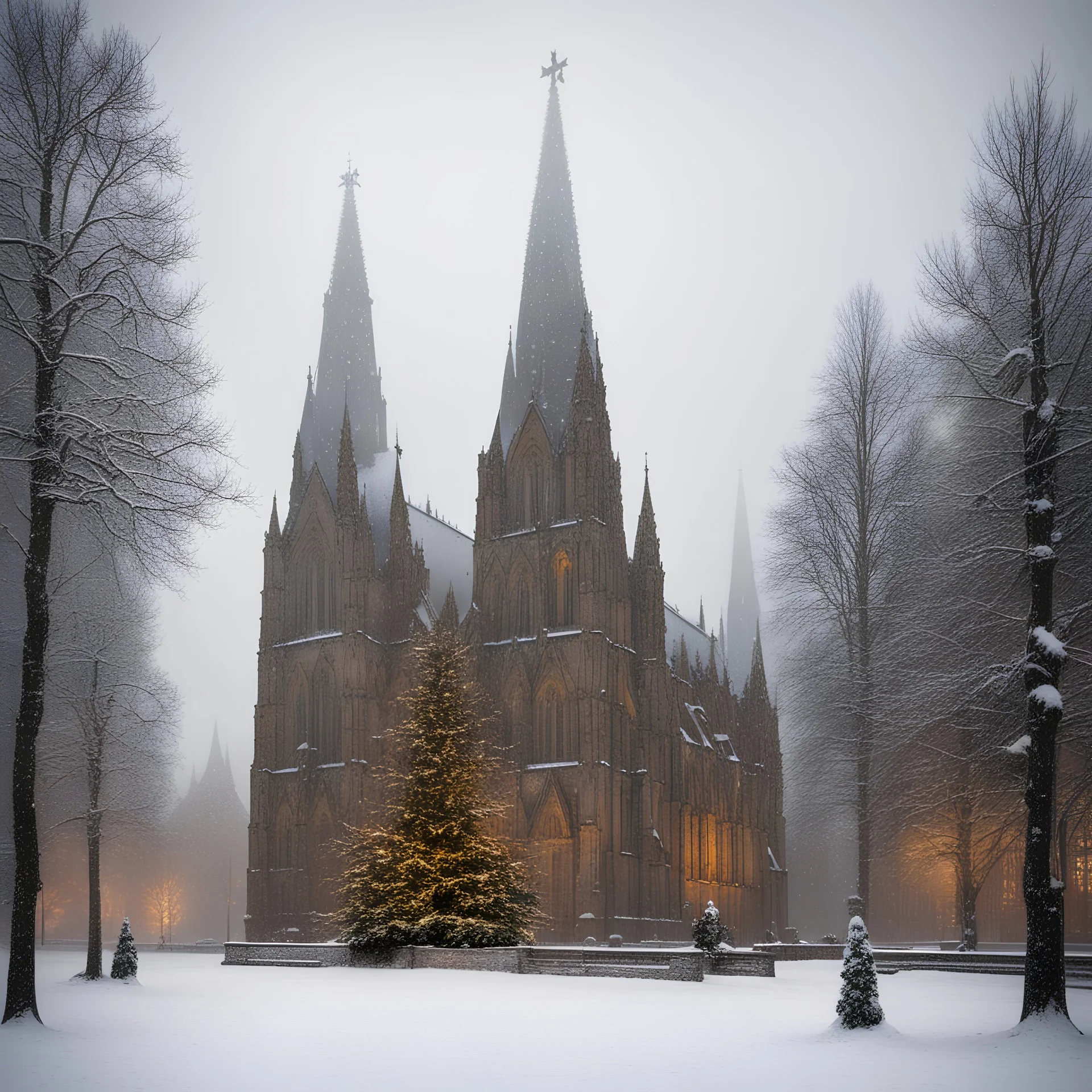 Nidaros domkirke i snøstorm med juletre utenfor by Monet