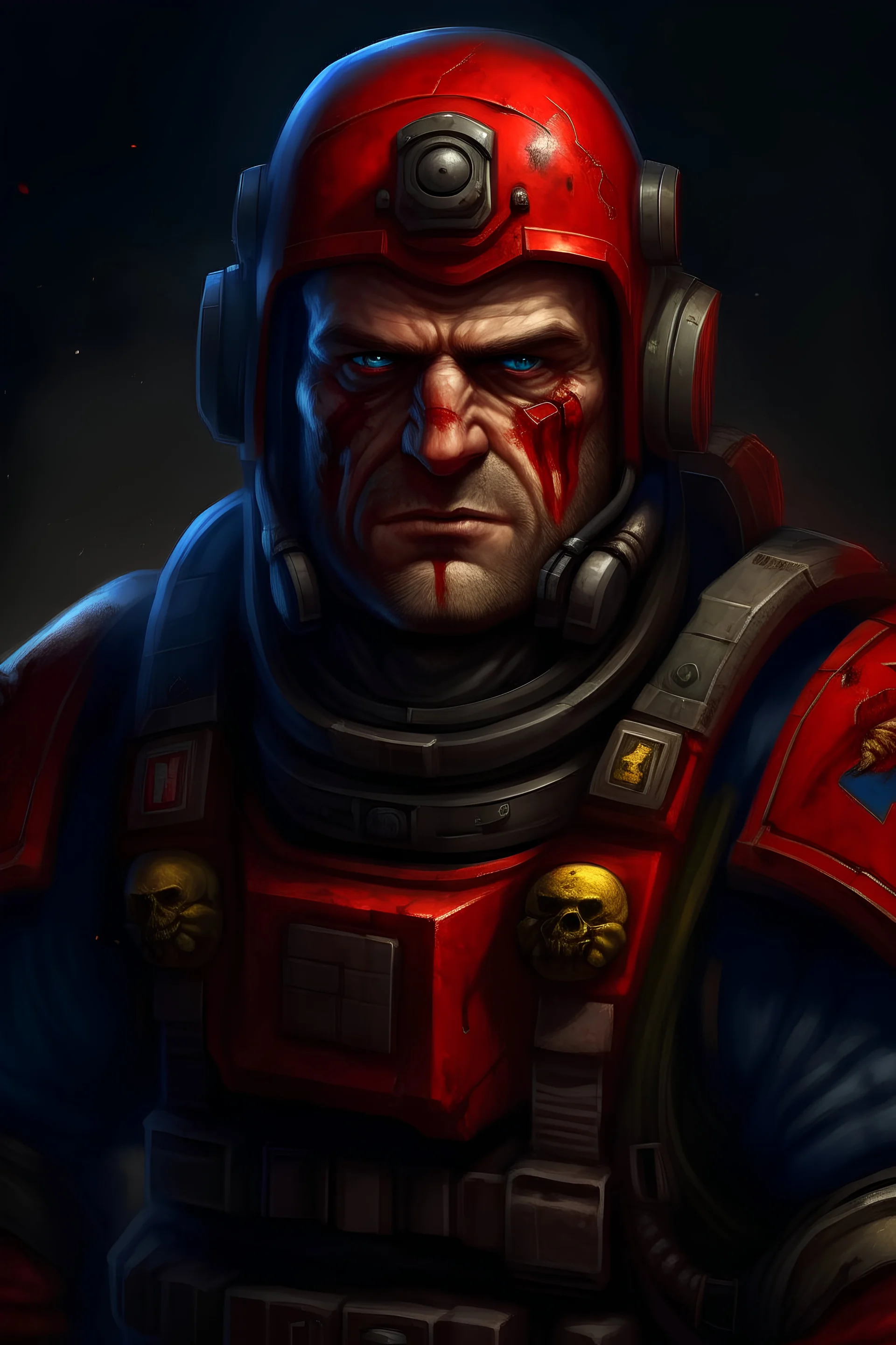 A DIGITAL ART portrait of a space marine. He is 30 years old. His eyes are tired but he has a grim smile. He is not wearing a helmet. His pants have a red stripe. Realistic. with ushanka