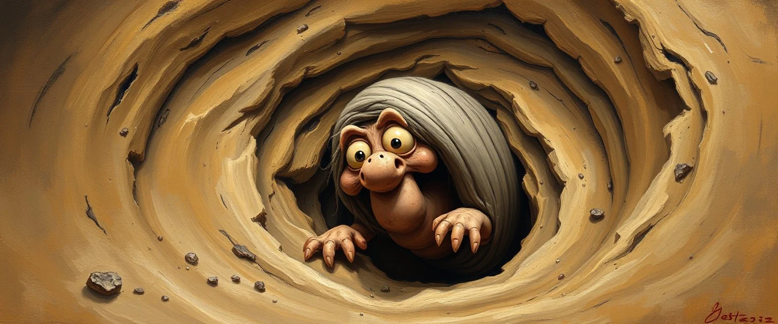 master oil painting by Rembrandt, good afternoon clay golem peeking out of a sand twister whirlwind cocoon, emo cartoon